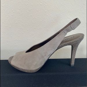 Grey suede sling back peep toe heels